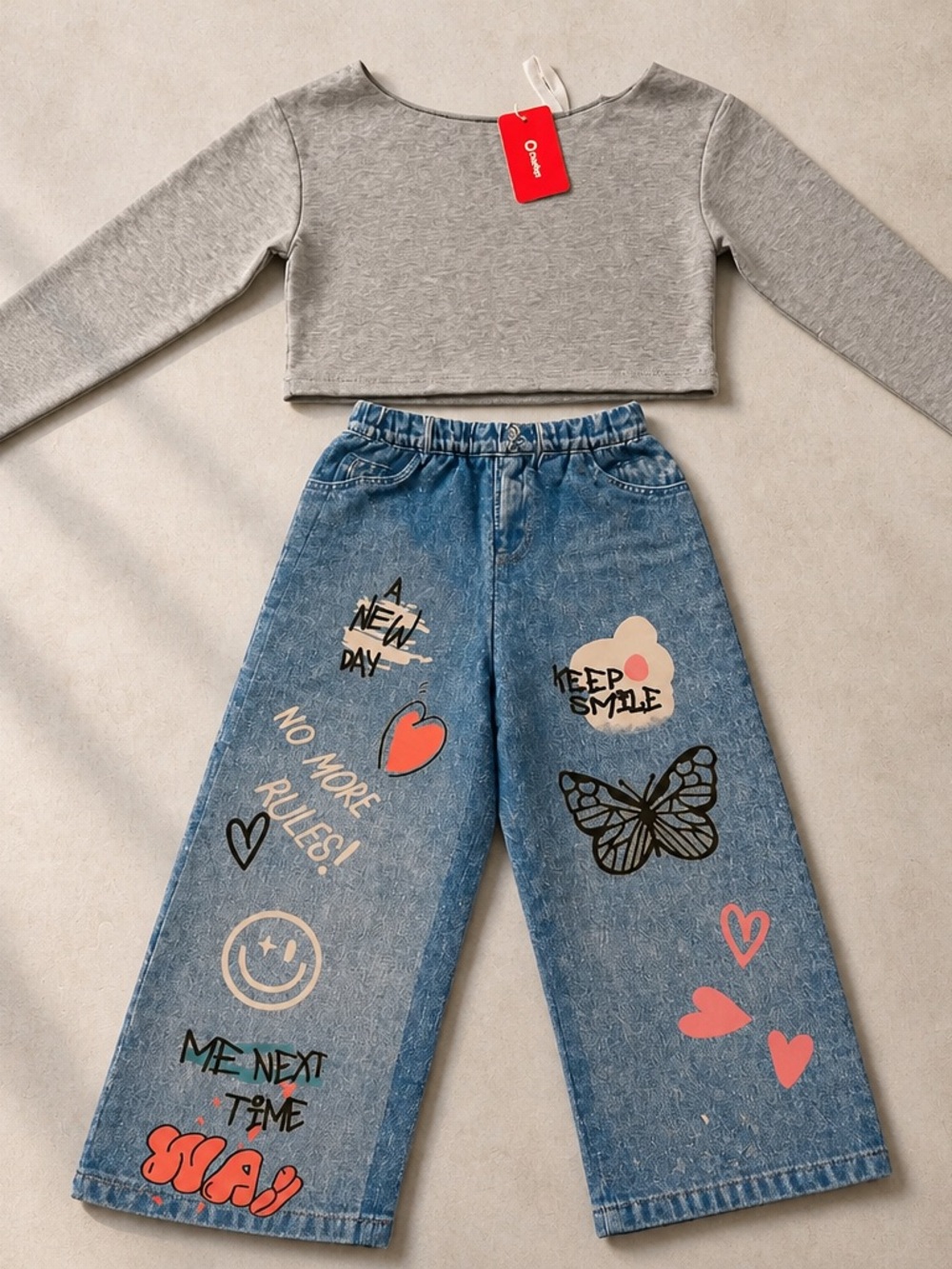 Girls' Gray Long-Sleeve Crop Top & Blue Graphic Wide-Leg Pajama Set